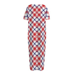 Blue Red And White American Plaid Print Short Sleeve Long Nightdress