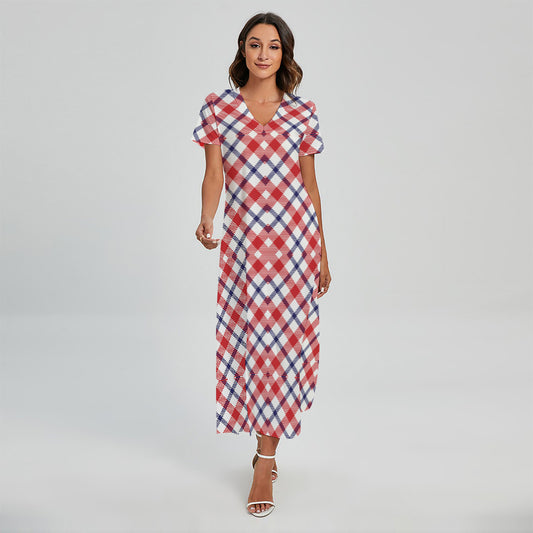 Blue Red And White American Plaid Print Short Sleeve Maxi Dress