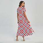 Blue Red And White American Plaid Print Short Sleeve Maxi Dress