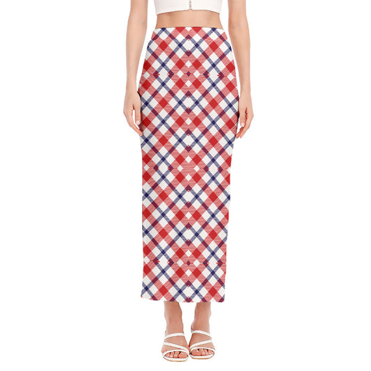 Blue Red And White American Plaid Print Side Slit Maxi Skirt