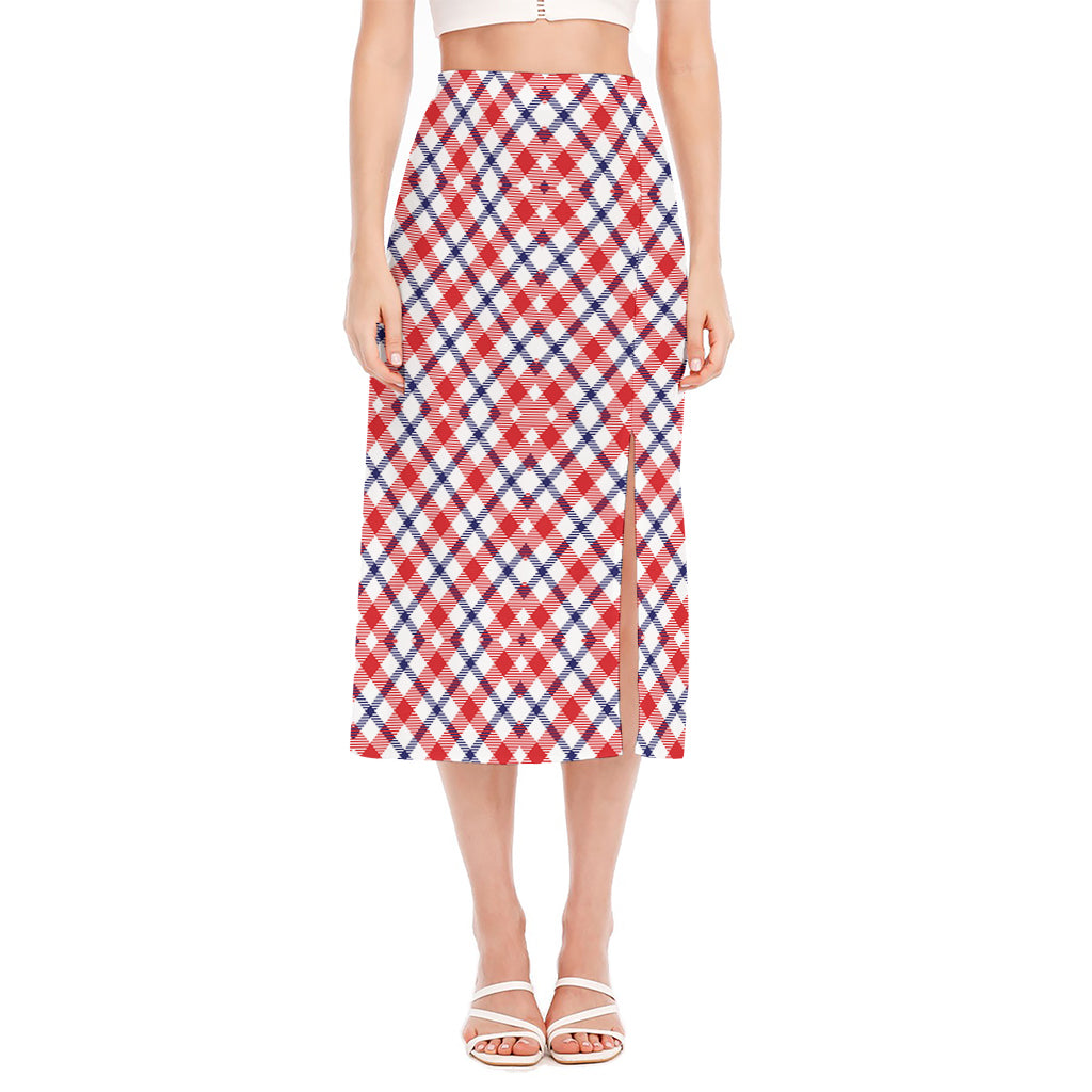 Blue Red And White American Plaid Print Side Slit Midi Skirt