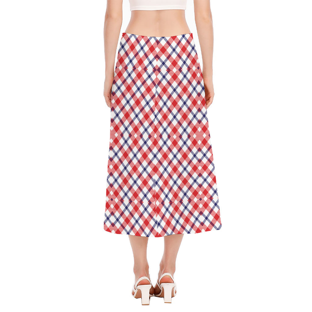 Blue Red And White American Plaid Print Side Slit Midi Skirt