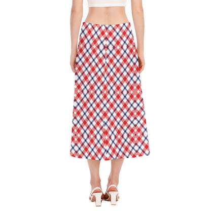 Blue Red And White American Plaid Print Side Slit Midi Skirt