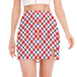 Blue Red And White American Plaid Print Side Slit Mini Skirt