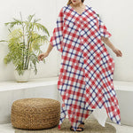 Blue Red And White American Plaid Print Silk V-Neck Kaftan Dress