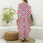 Blue Red And White American Plaid Print Silk V-Neck Kaftan Dress
