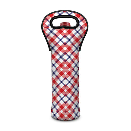 Blue Red And White American Plaid Print Single Neoprene Wine Tote