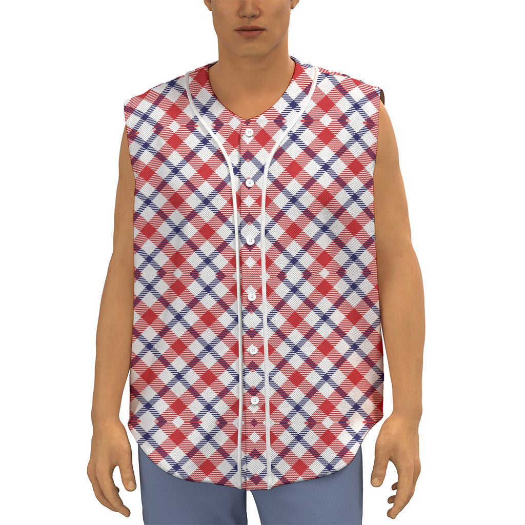 Blue Red And White American Plaid Print Sleeveless Baseball Jersey