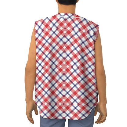 Blue Red And White American Plaid Print Sleeveless Baseball Jersey