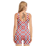 Blue Red And White American Plaid Print Sleeveless One Piece Swimsuit