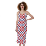Blue Red And White American Plaid Print Slim Fit Midi Cami Dress