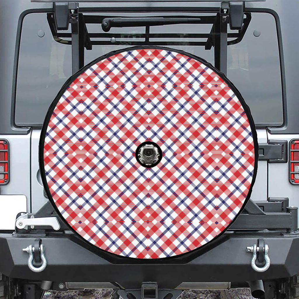 Blue Red And White American Plaid Print Tire Cover With Camera Hole