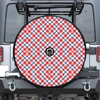 Blue Red And White American Plaid Print Tire Cover With Camera Hole