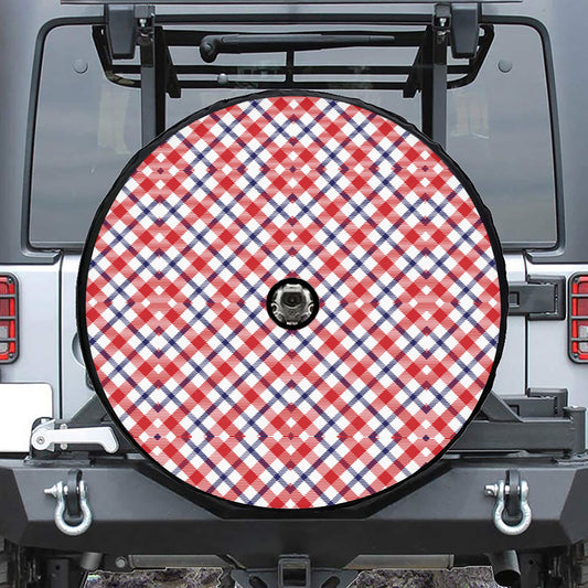 Blue Red And White American Plaid Print Tire Cover With Camera Hole