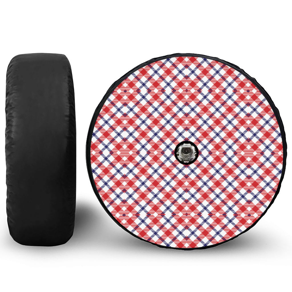 Blue Red And White American Plaid Print Tire Cover With Camera Hole