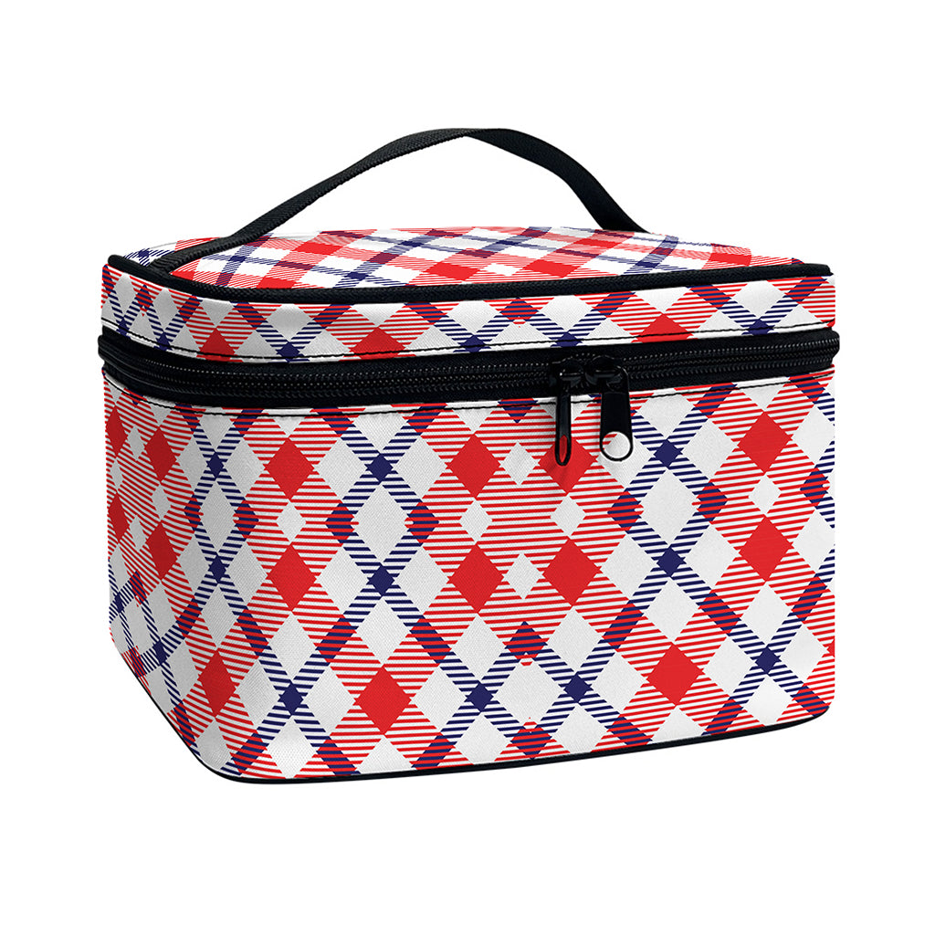 Blue Red And White American Plaid Print Travel Makeup Bag