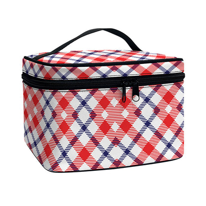 Blue Red And White American Plaid Print Travel Makeup Bag