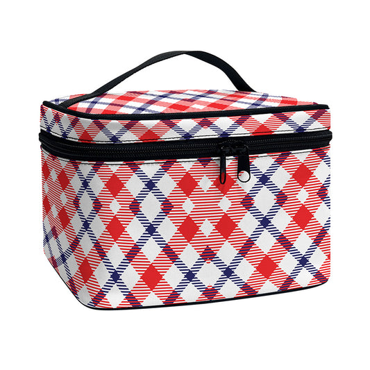 Blue Red And White American Plaid Print Travel Makeup Bag