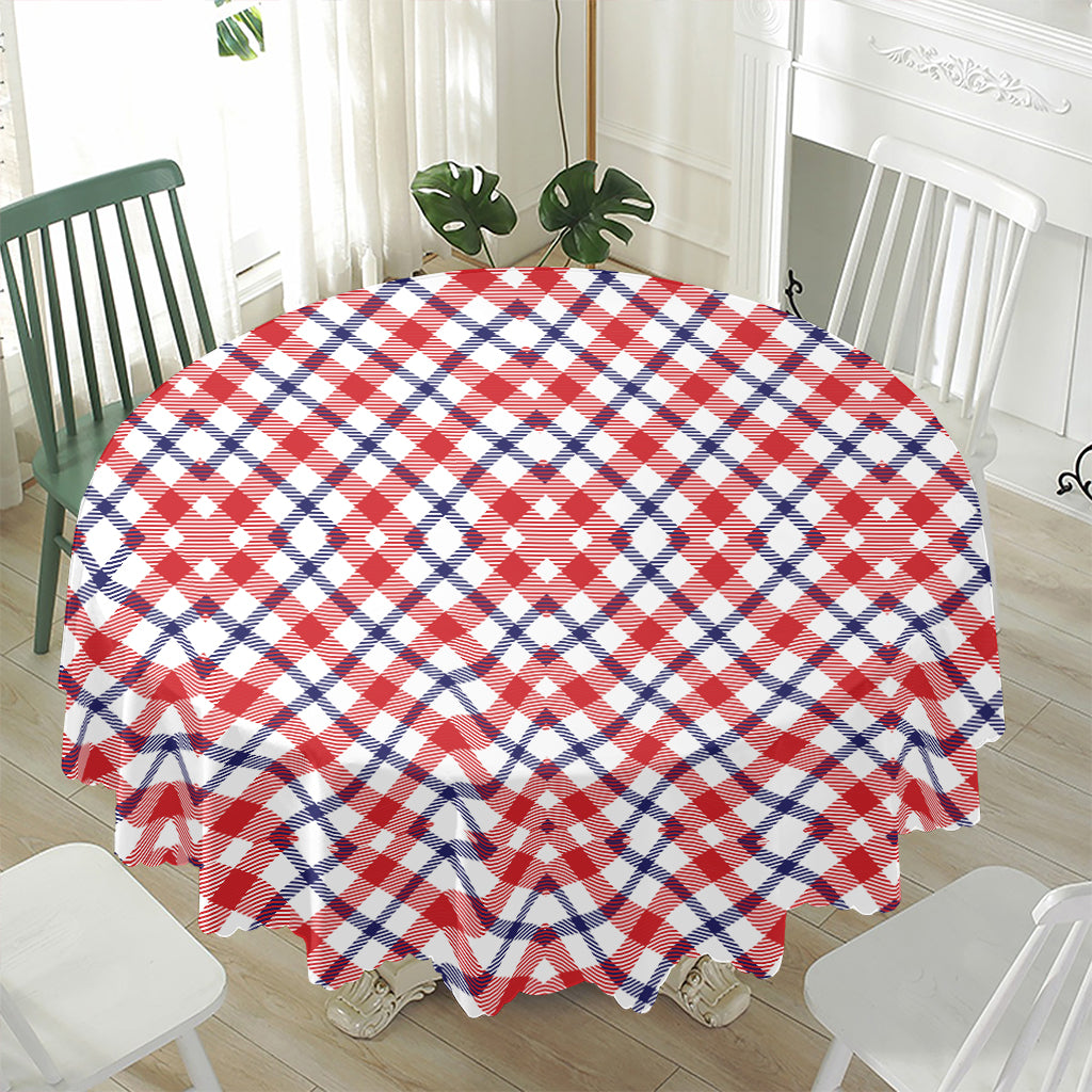 Blue Red And White American Plaid Print Waterproof Round Tablecloth