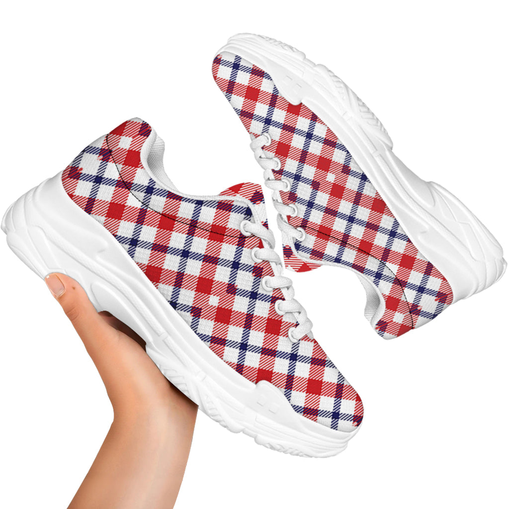 Blue Red And White American Plaid Print White Chunky Shoes