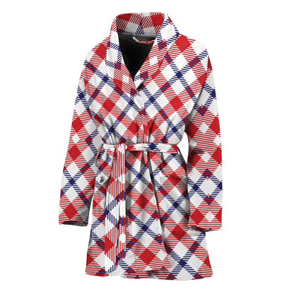 Blue Red And White American Plaid Print Women's Bathrobe