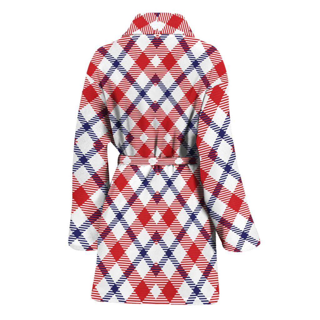 Blue Red And White American Plaid Print Women's Bathrobe