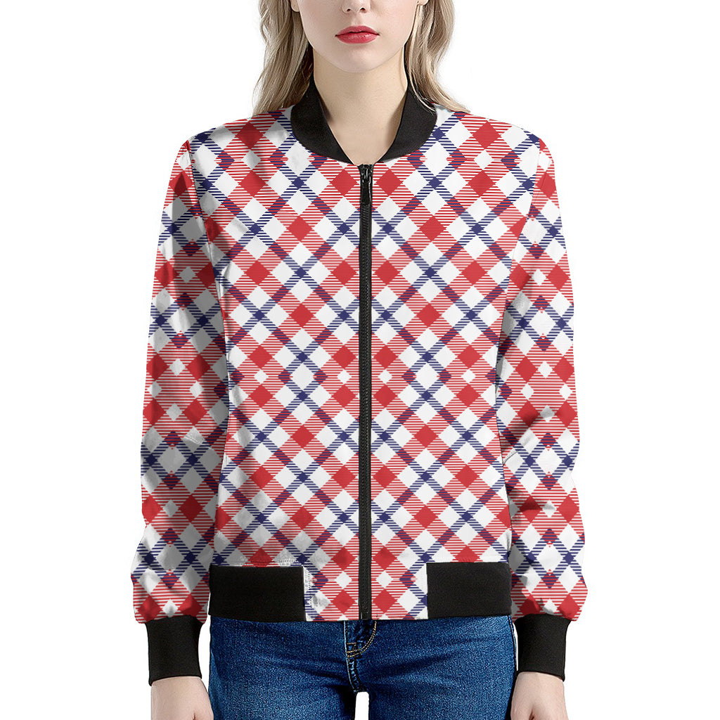 Blue Red And White American Plaid Print Women's Bomber Jacket