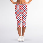 Blue Red And White American Plaid Print Women's Capri Leggings