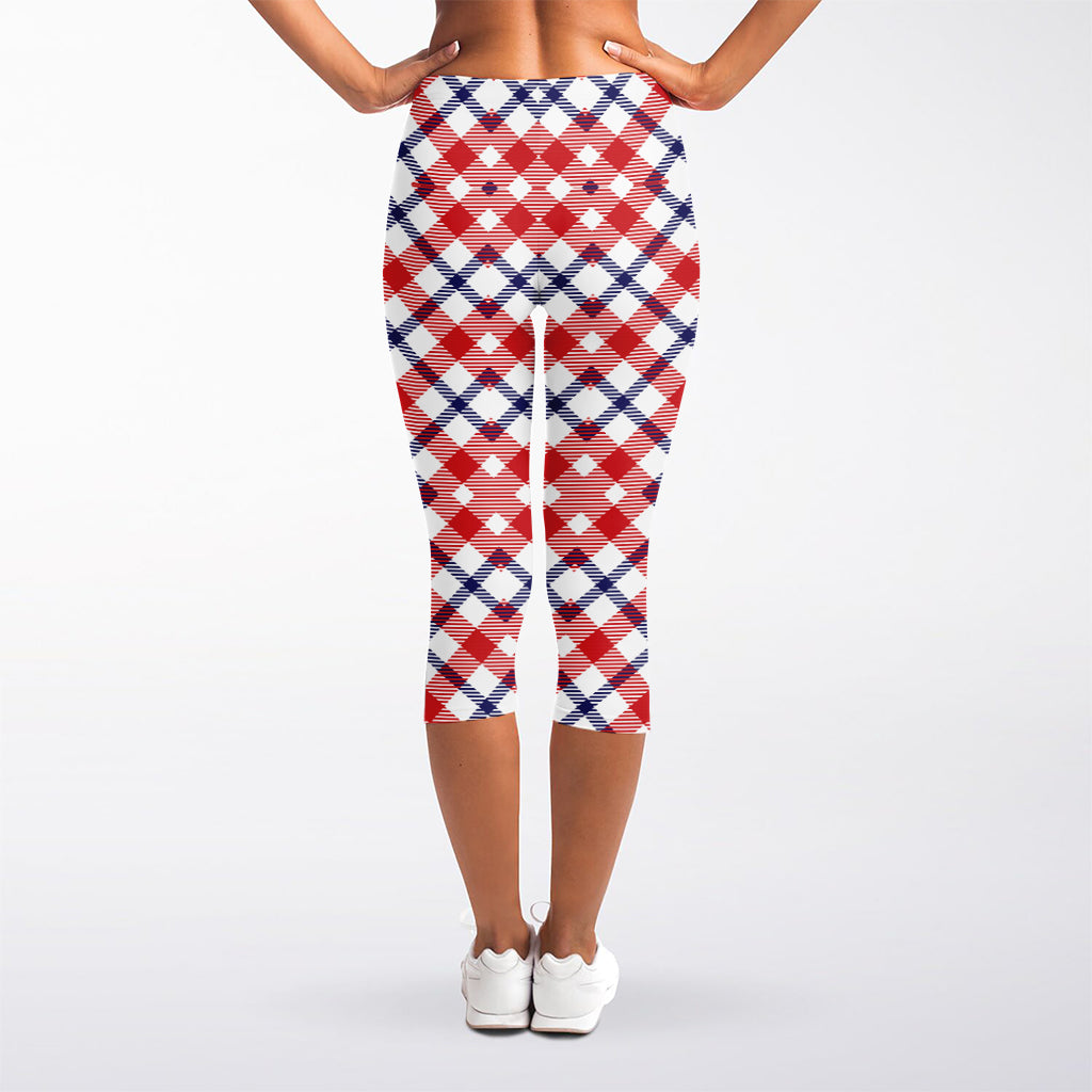 Blue Red And White American Plaid Print Women's Capri Leggings