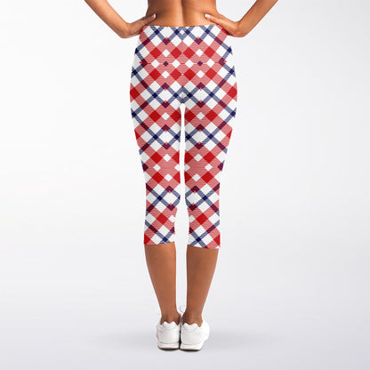Blue Red And White American Plaid Print Women's Capri Leggings