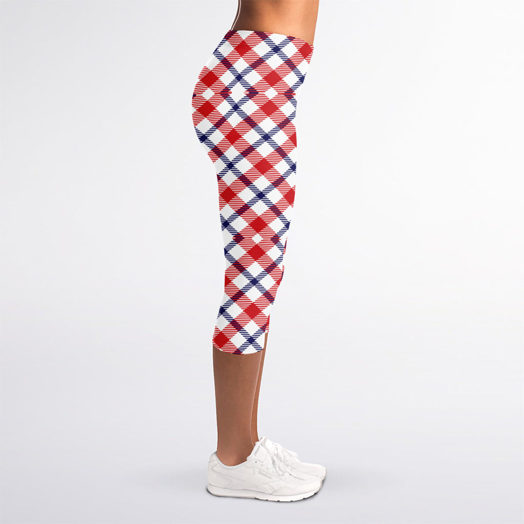 Blue Red And White American Plaid Print Women's Capri Leggings