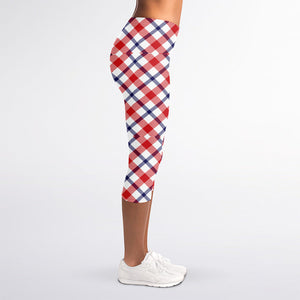 Blue Red And White American Plaid Print Women's Capri Leggings