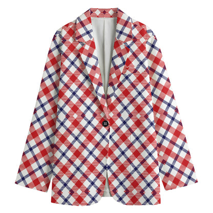 Blue Red And White American Plaid Print Women's Cotton Blazer