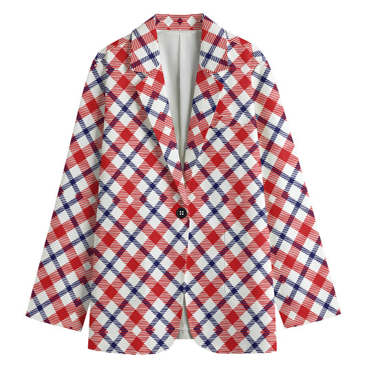 Blue Red And White American Plaid Print Women's Cotton Blazer
