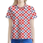 Blue Red And White American Plaid Print Women's Polo Shirt