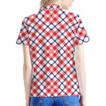 Blue Red And White American Plaid Print Women's Polo Shirt