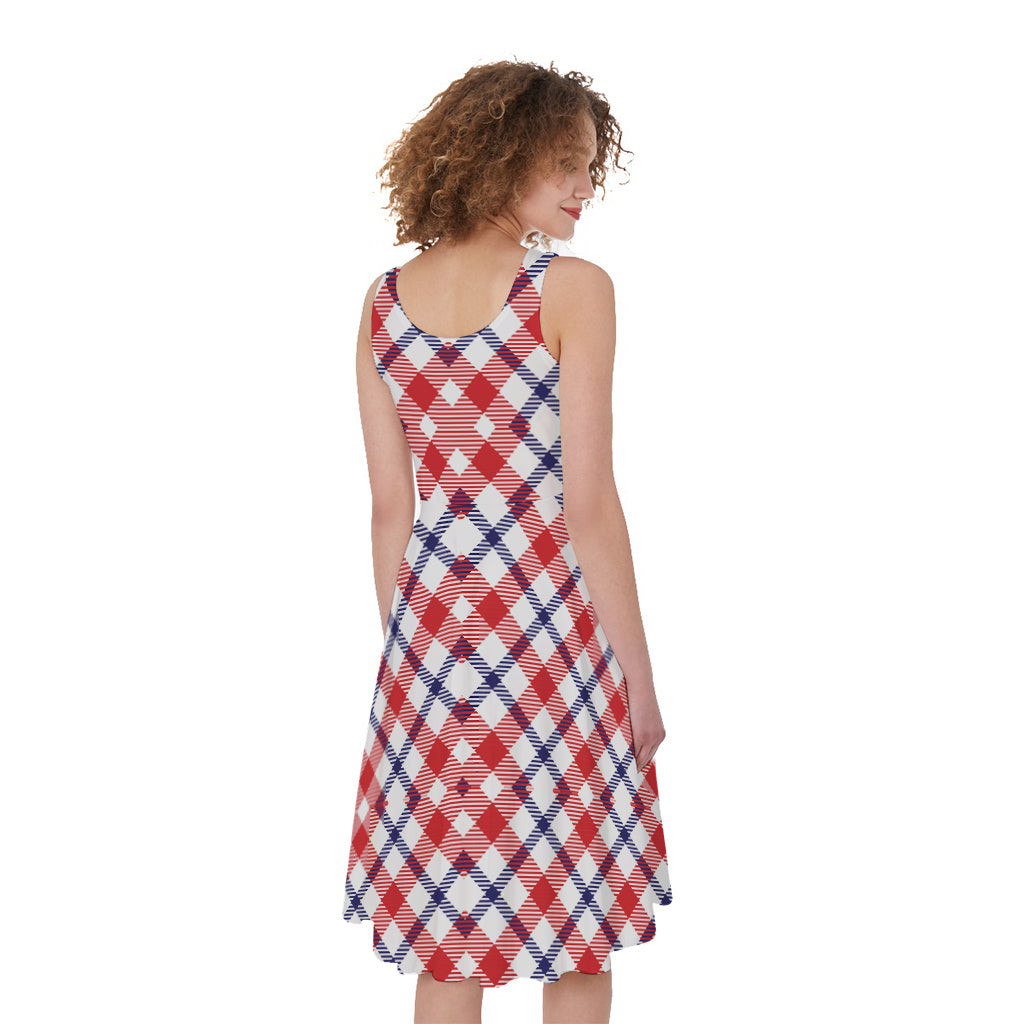Blue Red And White American Plaid Print Women's Sleeveless Dress