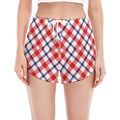 Blue Red And White American Plaid Print Women's Split Running Shorts
