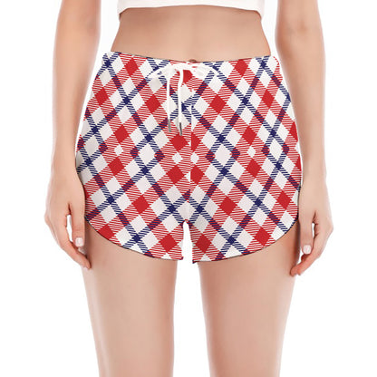 Blue Red And White American Plaid Print Women's Split Running Shorts