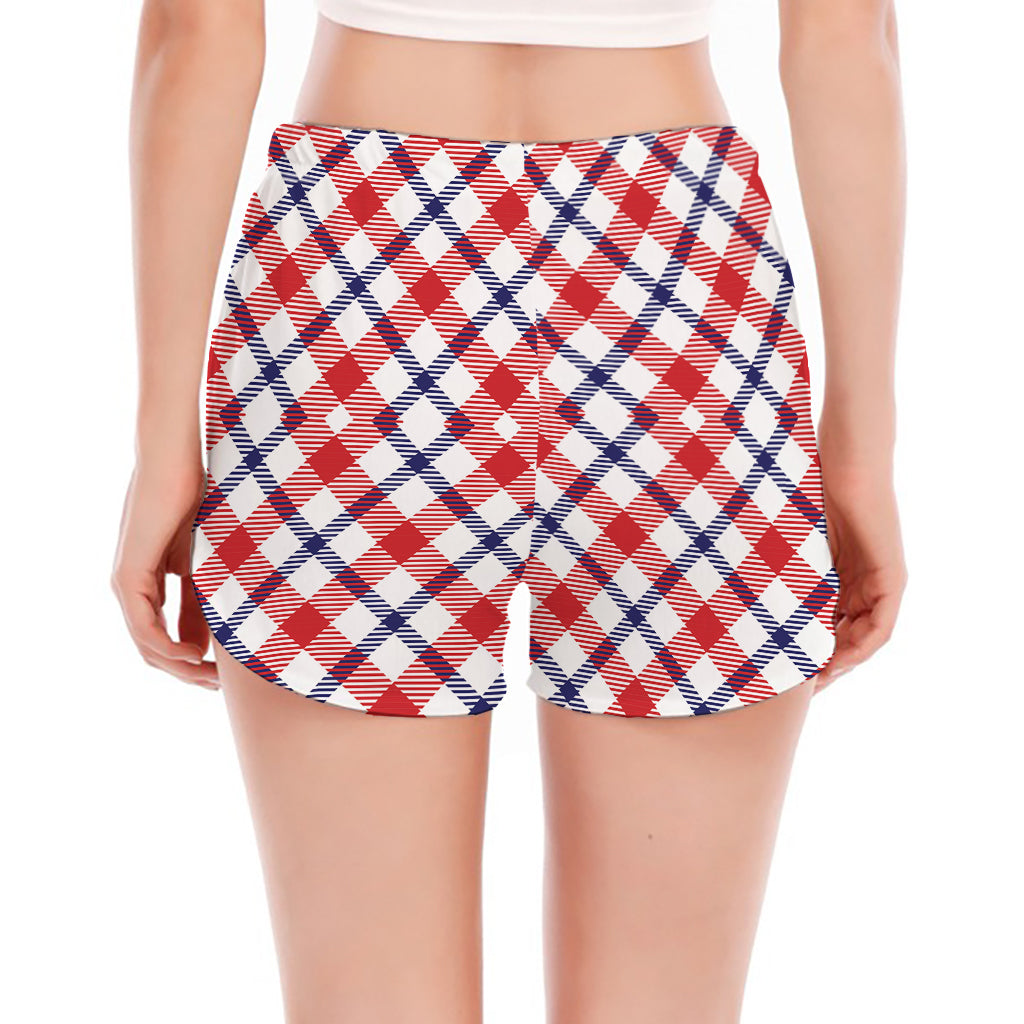 Blue Red And White American Plaid Print Women's Split Running Shorts
