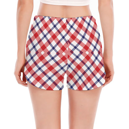 Blue Red And White American Plaid Print Women's Split Running Shorts
