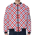 Blue Red And White American Plaid Print Zip Sleeve Bomber Jacket