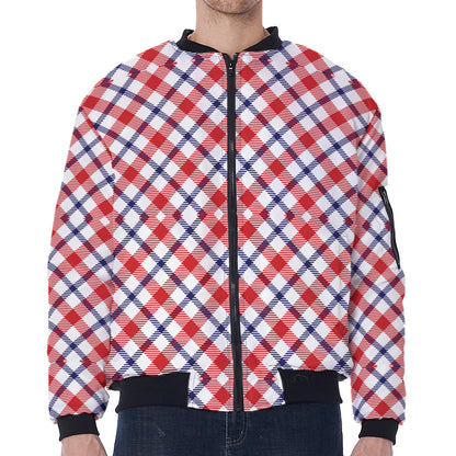 Blue Red And White American Plaid Print Zip Sleeve Bomber Jacket