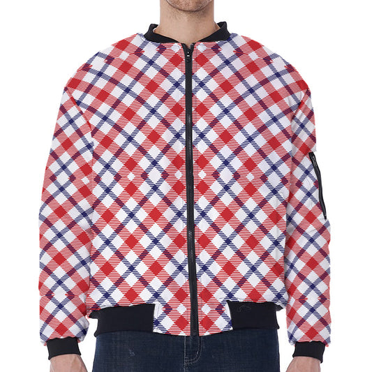 Blue Red And White American Plaid Print Zip Sleeve Bomber Jacket