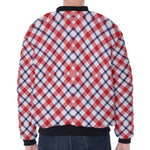 Blue Red And White American Plaid Print Zip Sleeve Bomber Jacket