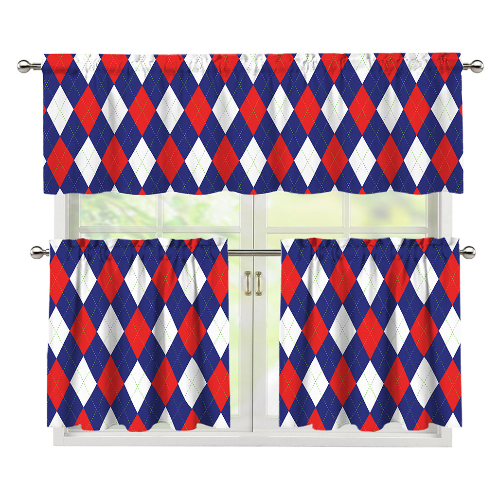 Blue Red And White Argyle Pattern Print 3 Piece Kitchen Curtains