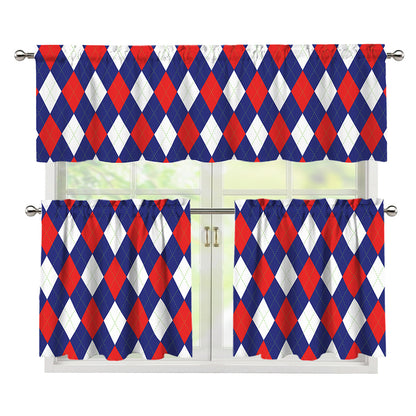 Blue Red And White Argyle Pattern Print 3 Piece Kitchen Curtains