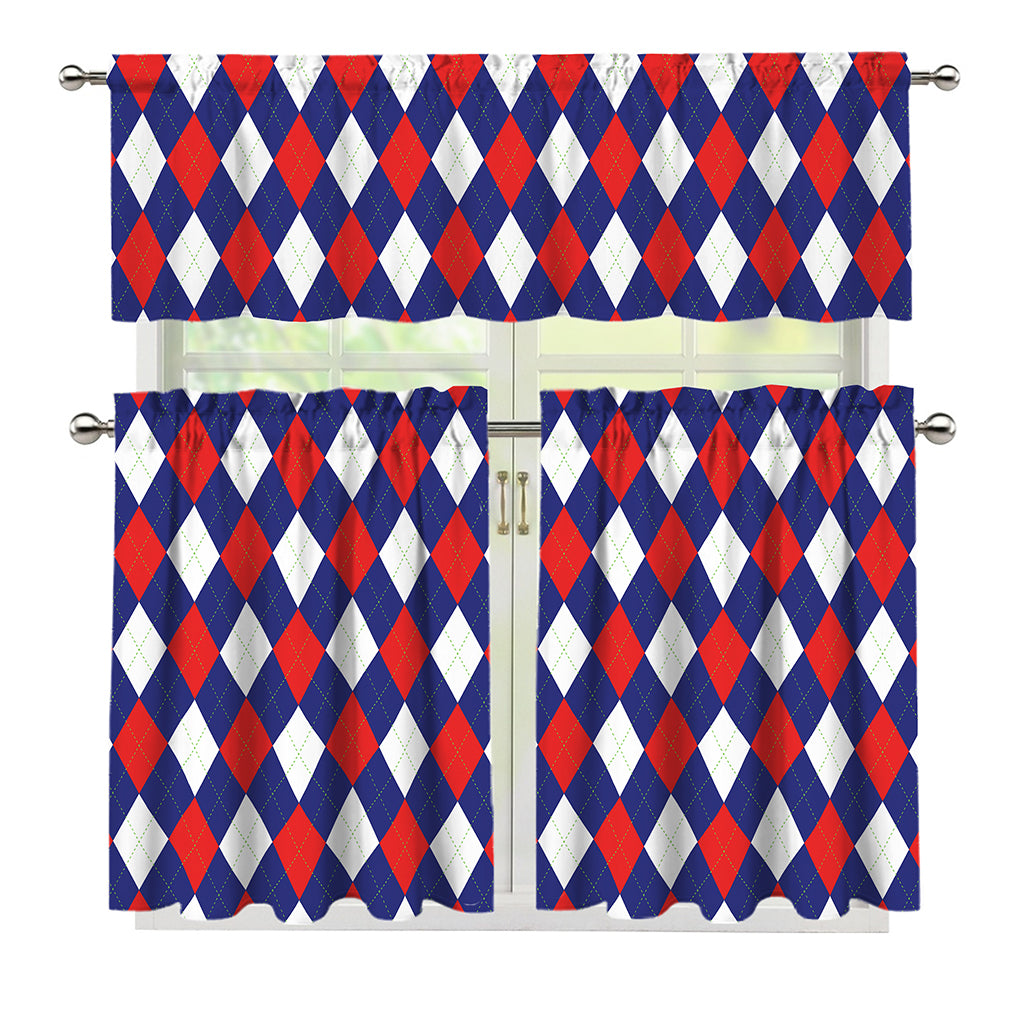 Blue Red And White Argyle Pattern Print 3 Piece Kitchen Curtains