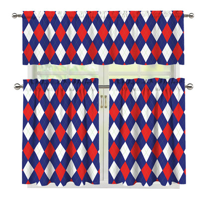 Blue Red And White Argyle Pattern Print 3 Piece Kitchen Curtains