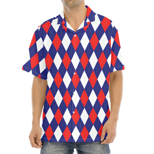Blue Red And White Argyle Pattern Print Aloha Shirt